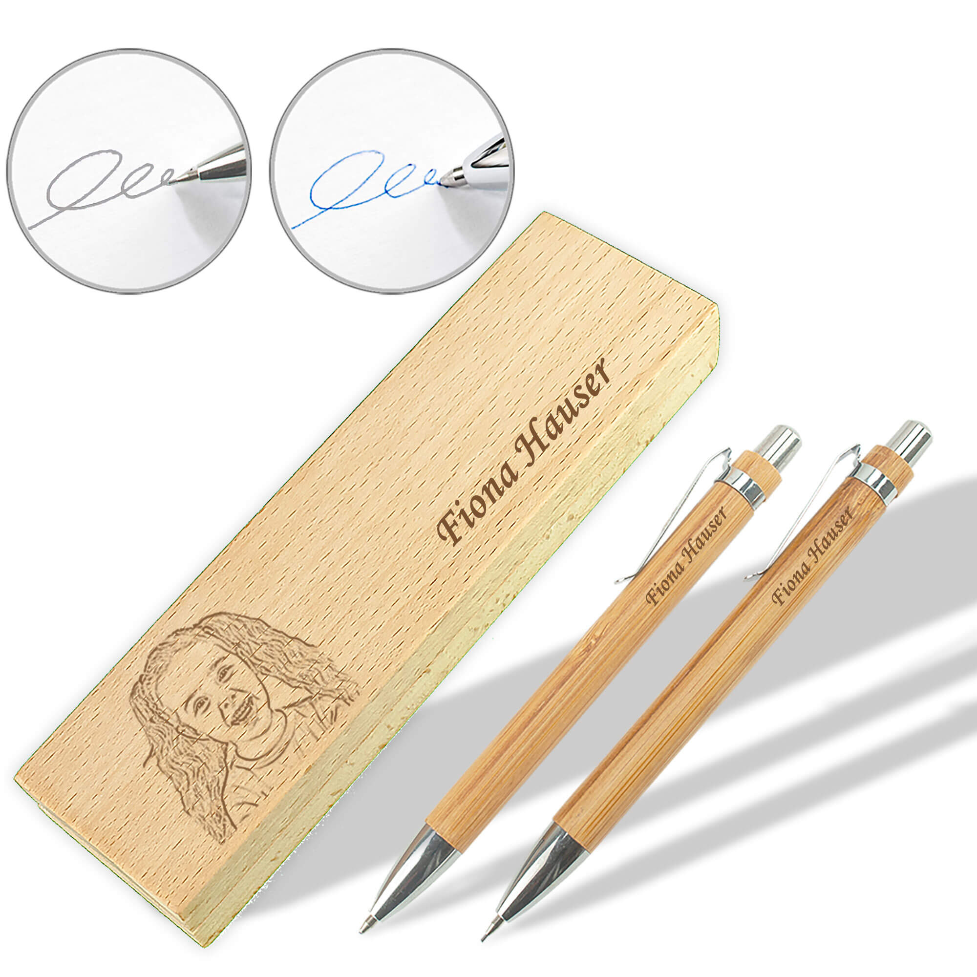 Schreibset aus Buchenholz mit Druckbleistift und Kugelschreiber inklusive Gravur