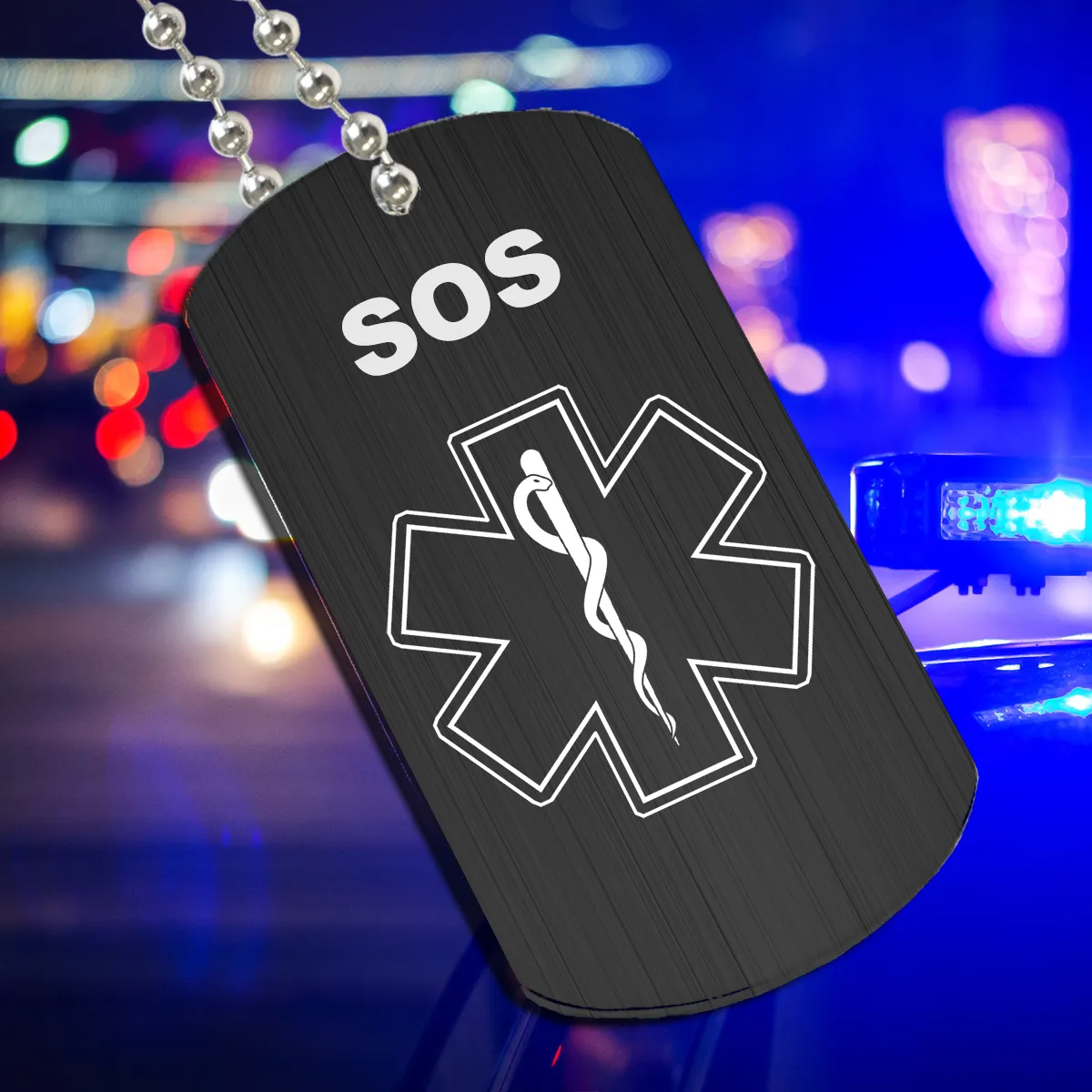 SOS Anhänger Dogtag XXL Größe graviert mit medizinischem Symbol und deinen Daten in Schwarz