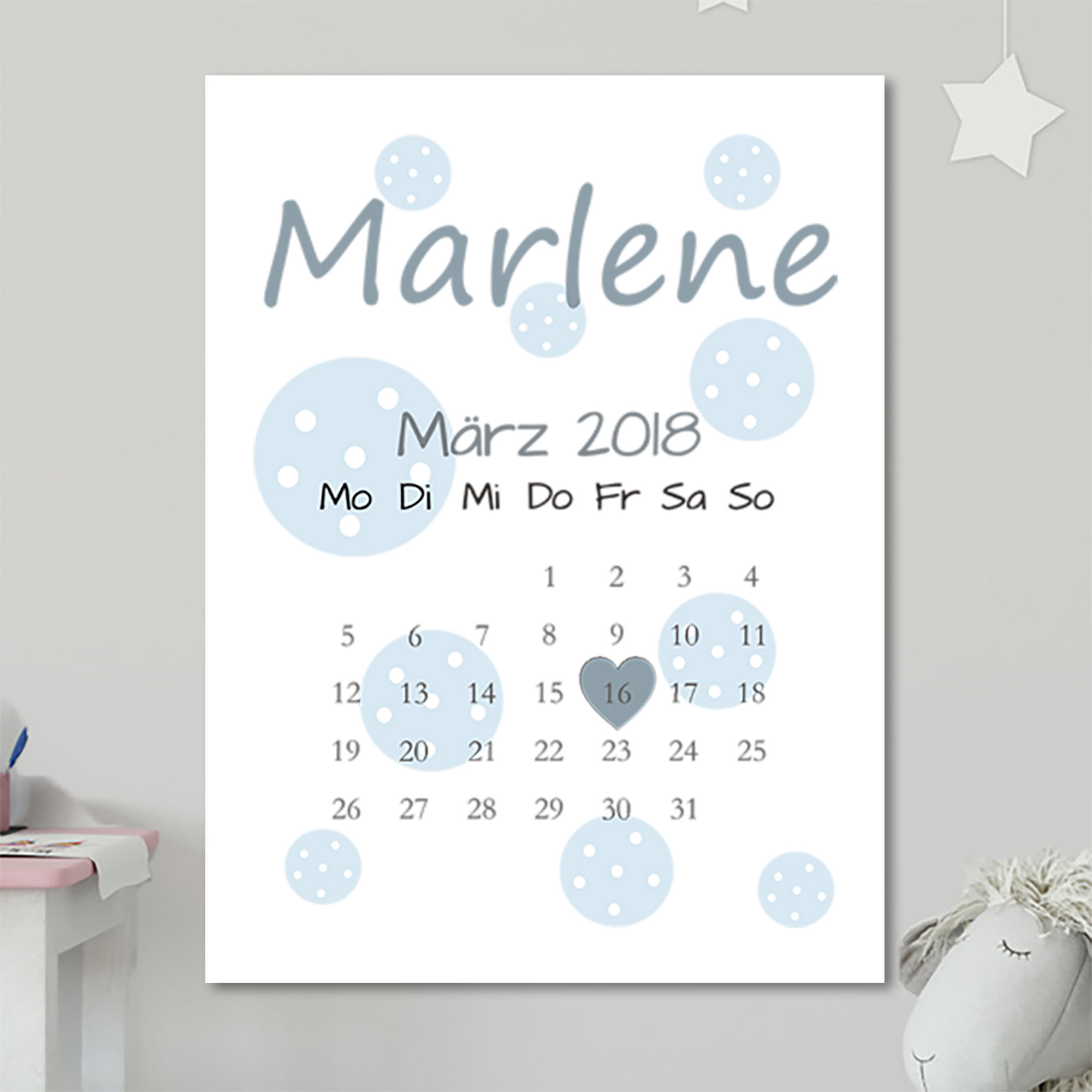 Baby Poster in Kalender Stil mit personalisiertem Namen und Geburtsdatum des Babys