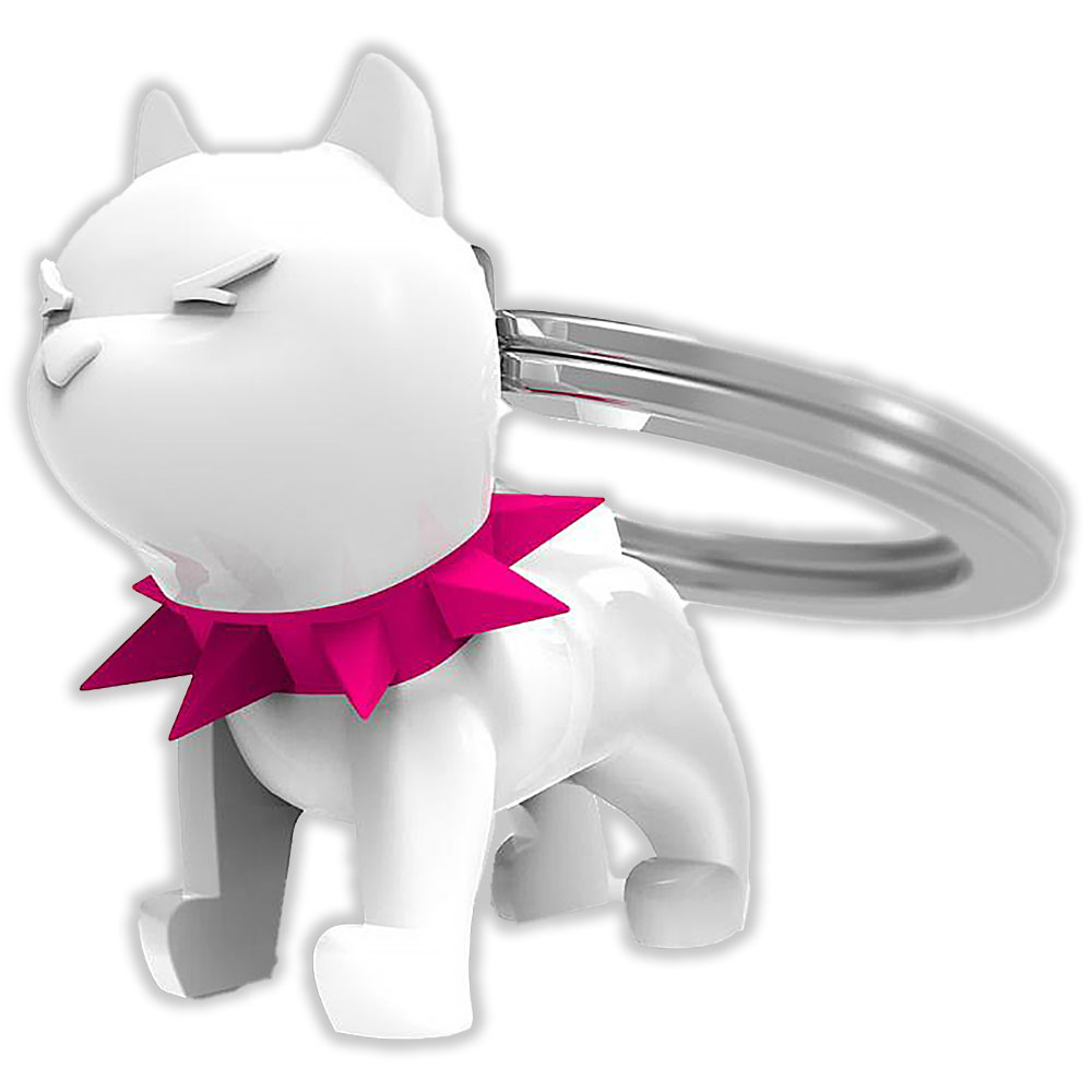 Schlüsselanhänger Bulldogge Wachhund in Weiß mit pinkem Halsband