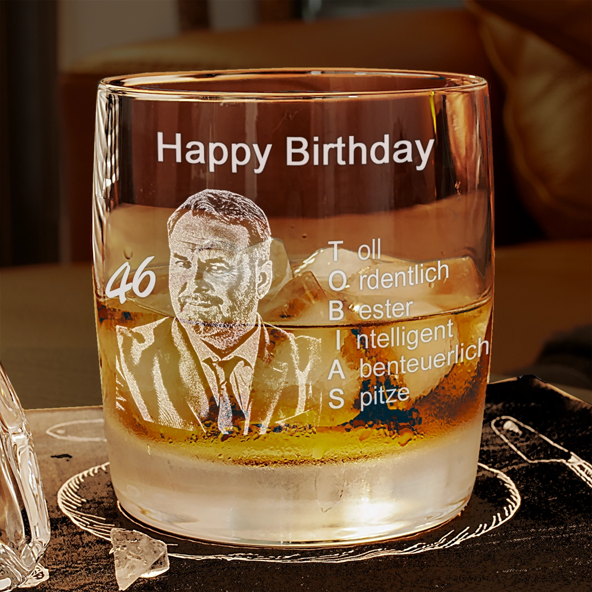 Geburtstagsglas Whisky mit Fotogravur