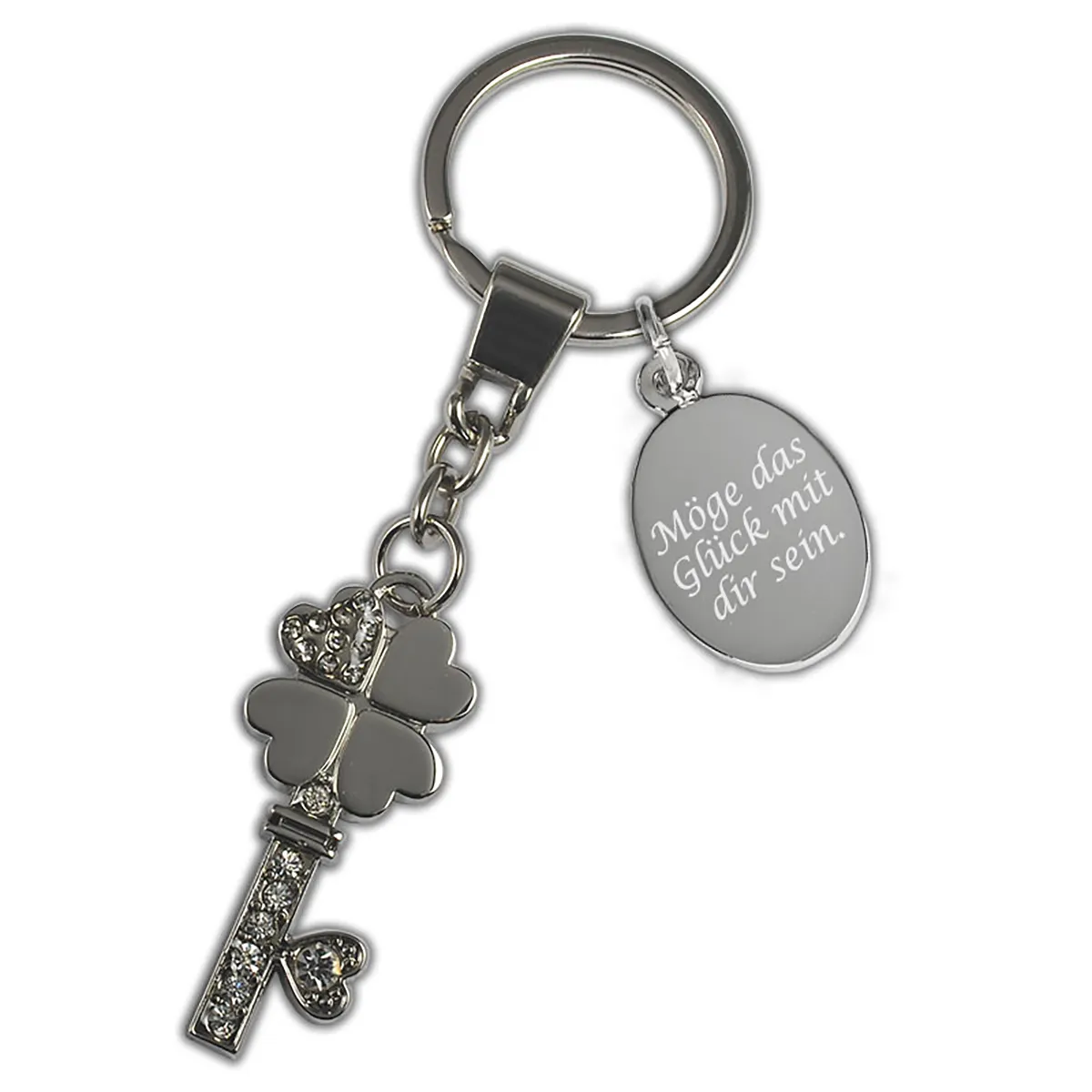 Schlüsselanhänger Keys mit funkelnde Steine und einem Kleblattschlüssel als Anhängerform inklusive Textgravur auf einer separaten ovalen Gravurplatte