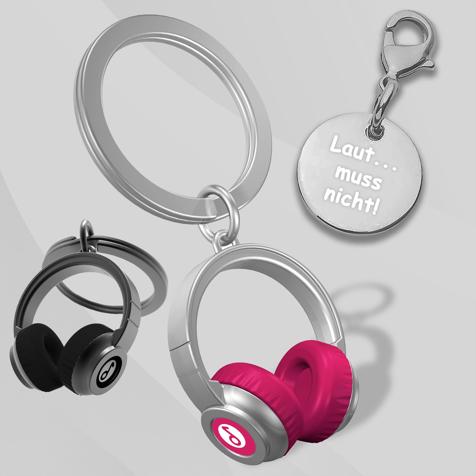 Kopfhörer Schlüsselanhänger in schwarz und pink mit Gravur