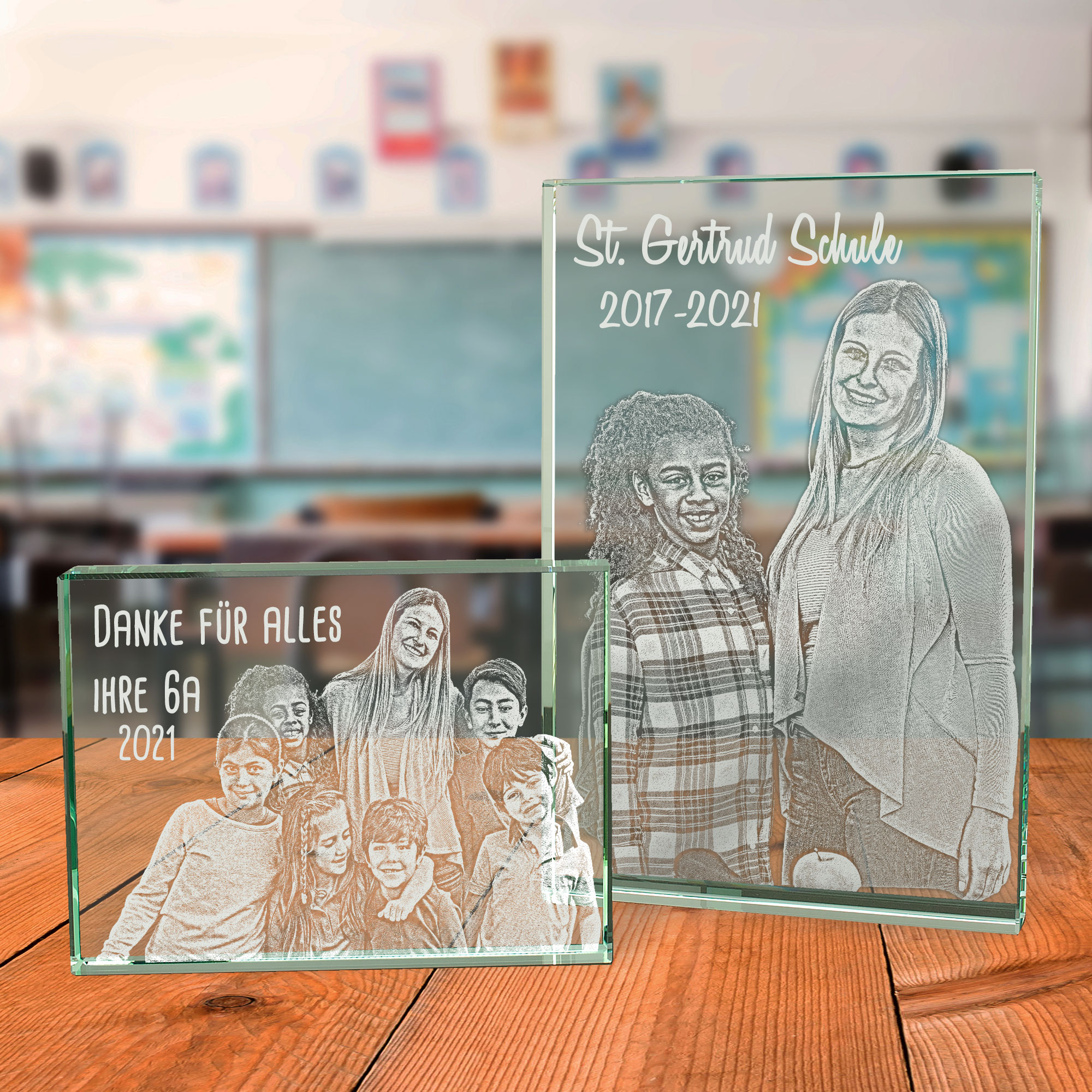 Glasfoto mit Klassenfoto für Lehrer zum Danke sagen