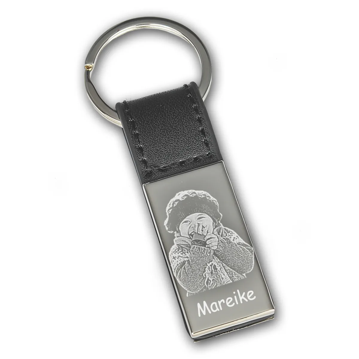 Schlüsselanhänger mit schwarzer Lasche mit Fotogravur