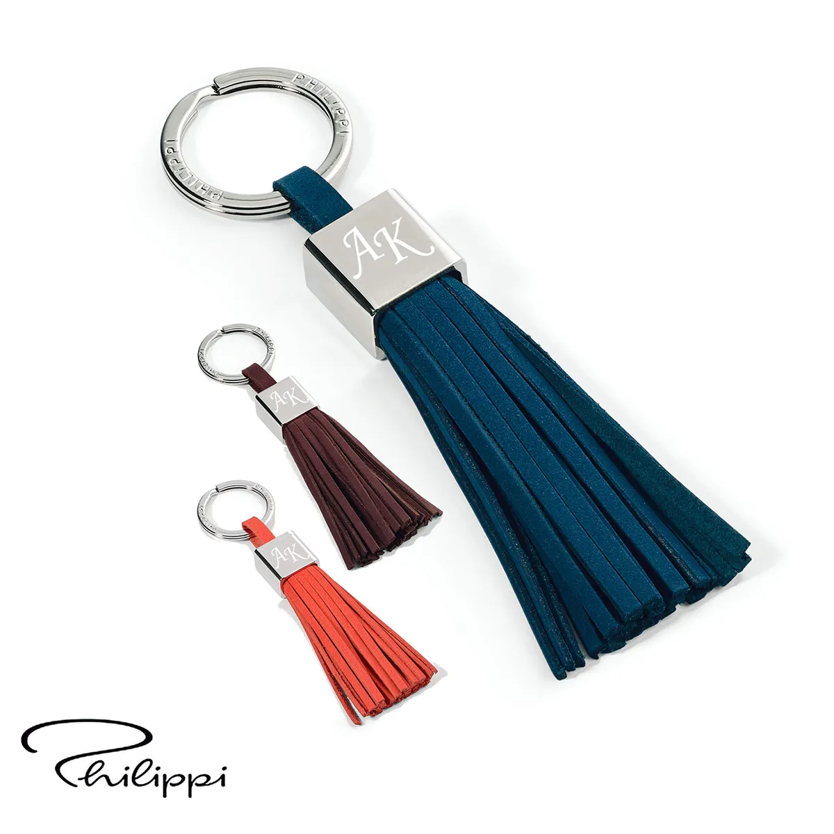 Schlüsselanhänger Gala von Philippi in den Farben bleu, orange und braun mit Initialengravur