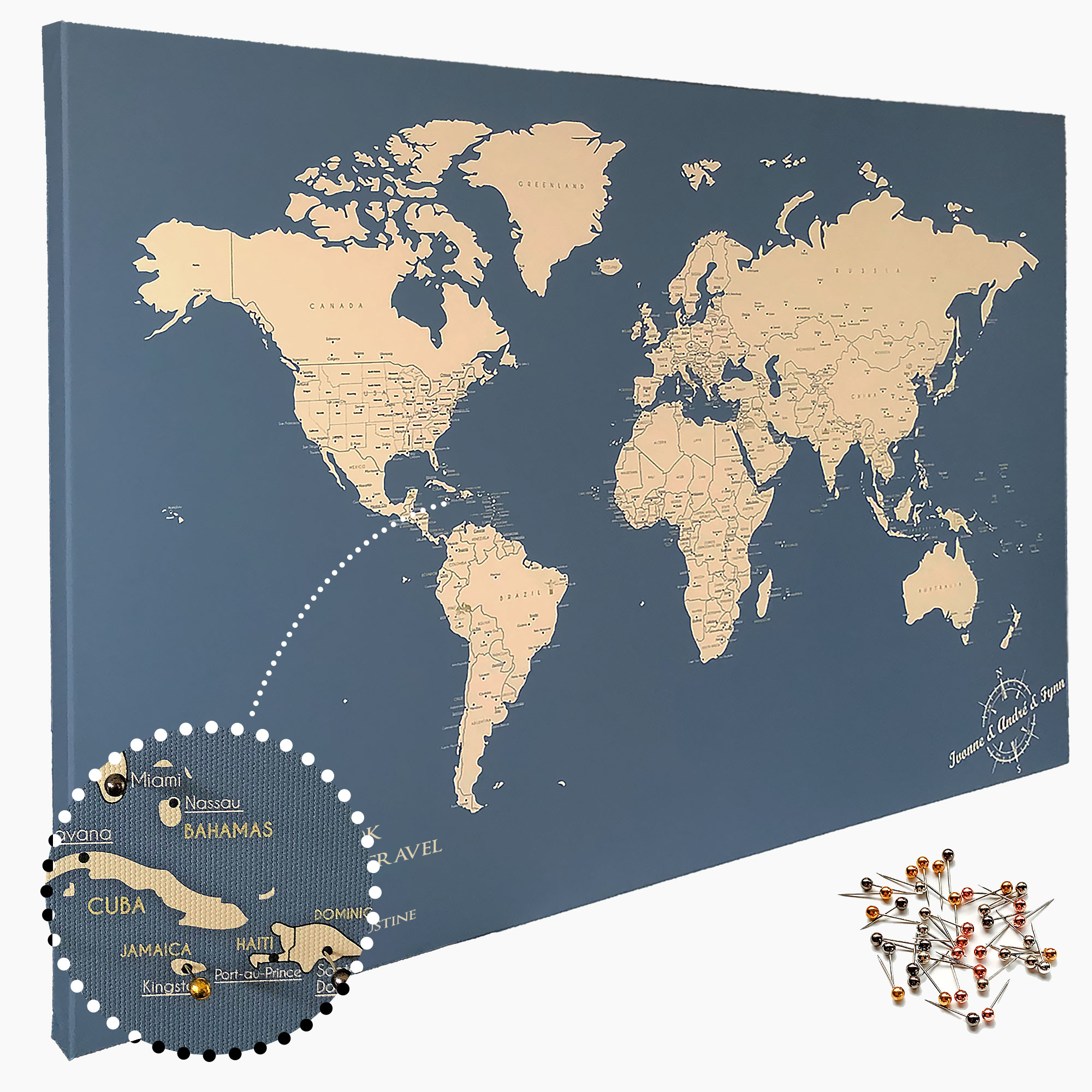 Weltkarte Pinnwand mit Stecknadeln und Detailanzeige