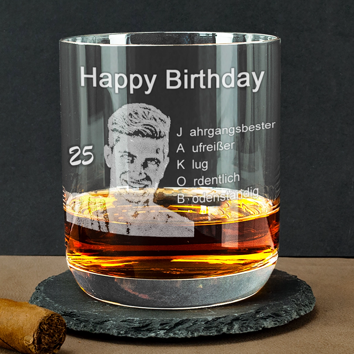 Geburtstagsglas Whisky mit Fotogravur